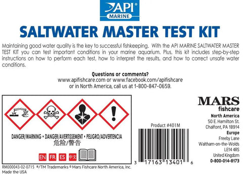 Zero Drama Saltwater Aquarium Water Test Kit label showing warning symbols and product instructions for marine tests.
