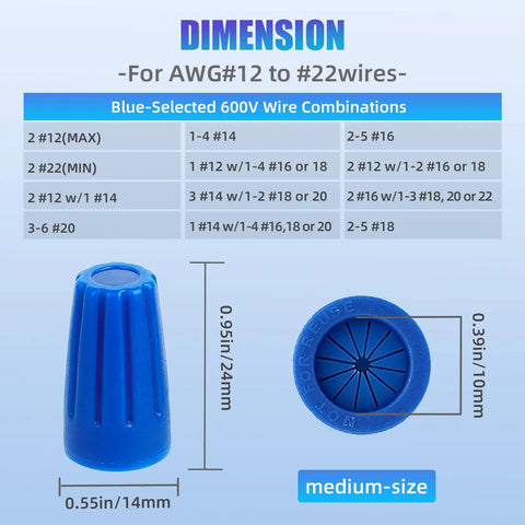 Dimensions of blue waterproof wire nut cap from 30 Pack Waterproof Wire Connectors For 12-22 AWG Cables Outdoor Sealed Twist Nuts Caps Ideal For Landscape Lighting Irrigation Valves And Wet Location Installations Blue.