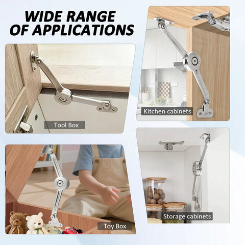 Soft Close Lid Support Hinges For Toy Boxes, Wooden Chests, And Cabinets in various applications including tool and storage cabinets.