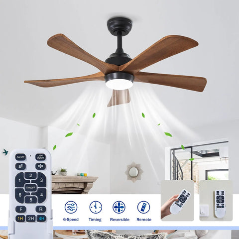 Geelife 42" 5PCS Solid Wood Blades Ceiling Fan with Lights Remote Control, matte black finish, solid wood blades, modern design.