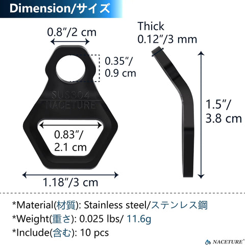 Heavy Duty Stainless Steel Motorcycle Tie Down Anchor Hooks 10 Pack dimensions and material details illustration.