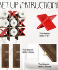 Setup instructions for Tic Tac Toe Toilet Paper Holder Stand With Rustic Farmhouse Wood Decor with 4 red X and 5 O boards.