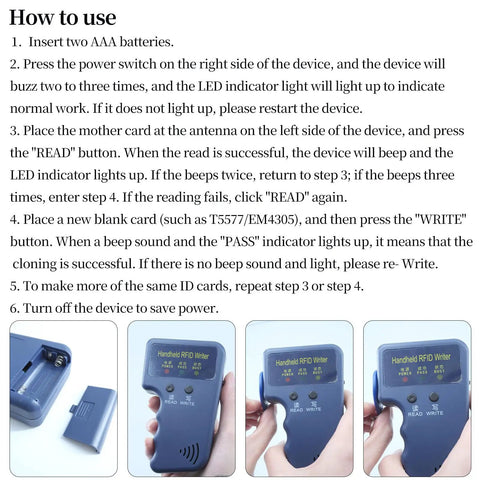 User manual with instructions for Handheld 125KHz RFID Writer And Duplicator Kit For ID HID AWID Access Control with 3 T5577 Key Fobs and Cards