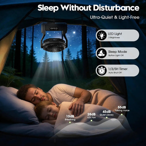 Ultra Durable 24000mAh Rechargeable Camping Fan With 64 Hour Runtime lighting inside a tent over sleeping family