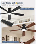 Smart Flush Mount 52 Inch Ceiling Fan With Lights Remote App Wall Switch Control 6 Speed Whisper Quiet Reversible Motor Dimmable 3CCT 20W LED Low Profile Black Finish For Bedroom Living Room Kitchen with black and walnut blade options