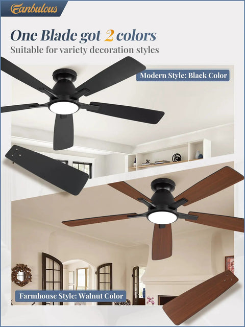 Smart Flush Mount 52 Inch Ceiling Fan With Lights Remote App Wall Switch Control 6 Speed Whisper Quiet Reversible Motor Dimmable 3CCT 20W LED Low Profile Black Finish For Bedroom Living Room Kitchen with black and walnut blade options