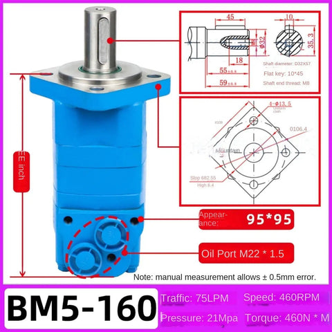 Heavy Duty Hydraulic Oil Motor With Four Hole Mount BM5 Series with detailed dimensions and oil ports for industrial use.
