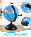 8 Inch World Globe With Stand Rotating Earth Spinning Globe For Kids Geography Classroom Education Or Decorations Blue Kid Friendly Durable Plastic Model, displayed with rotating action on a tabletop.