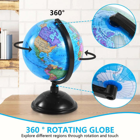 8 Inch World Globe With Stand Rotating Earth Spinning Globe For Kids Geography Classroom Education Or Decorations Blue Kid Friendly Durable Plastic Model, displayed with rotating action on a tabletop.