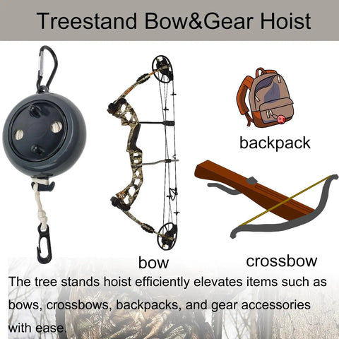 Retractable Bow Hoist For Tree Stand, 33Ft Heavy Duty Bow Pull Up Rope next to bow, crossbow, backpack for hunters.