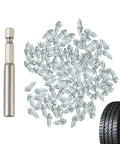 Kickass Heavy Duty Tire Spikes For Truck Tires Tungsten Steel Screw In Anti Ice Studs Providing Legit Winter Traction On Cold Slippery Roads Today with a hex tool beside them.