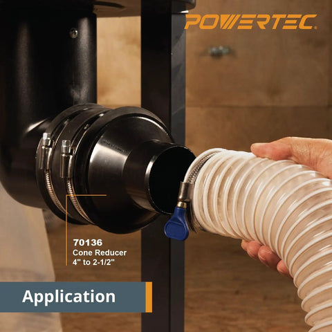 Four To Two And A Half Inch Hose Reducer With Two And A Half Inch Dust Control Flex Cuff And Adjustable Key Hose Clamps shown in use