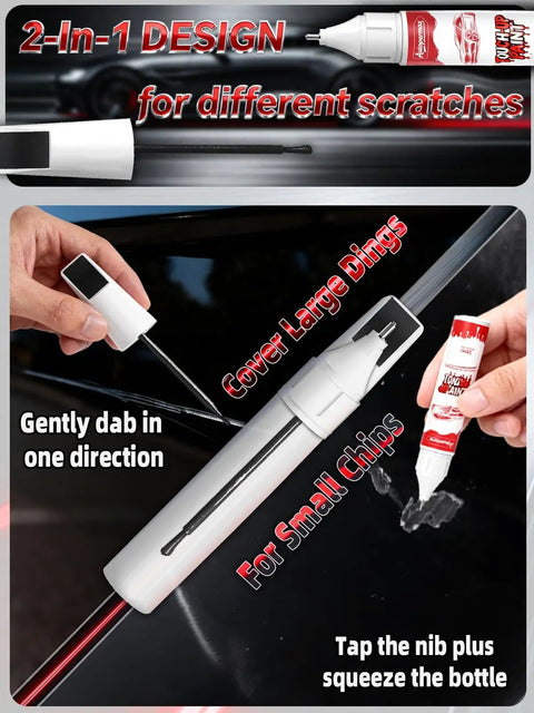 GMC White Frost Tricoat Touch Up Paint Pen Two In One Scratch Repair for Vehicles showing 2-in-1 design application on car surface.
