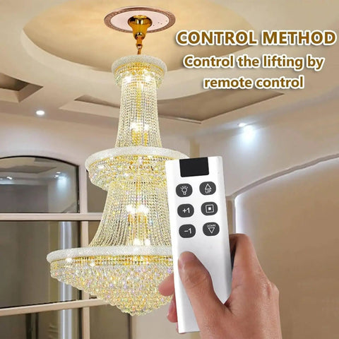 Heavy Duty Electric Chandelier Lift Kit With Remote Controls For Huge Pendant Lights Holds 88 Lbs Capacity remote control in hand.
