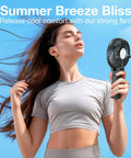 Woman enjoying Portable Handheld Fan With USB Rechargeable Battery On The Go 180 Degree Foldable Quiet for Travel Home use
