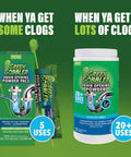 Two Green Gobbler products for drain clog removal, highlighting 5 uses and 20+ treatments. Drain Clog Remover Powder For Kitchen And Bath.