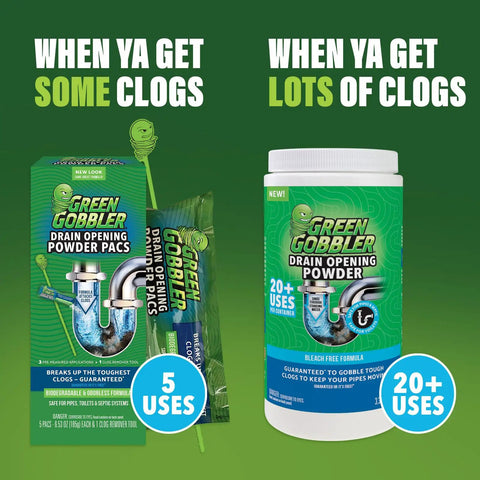 Two Green Gobbler products for drain clog removal, highlighting 5 uses and 20+ treatments. Drain Clog Remover Powder For Kitchen And Bath.