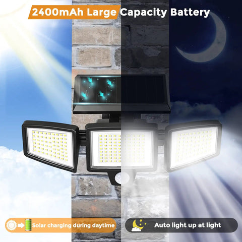 Outdoor Solar Flood Lights 210 LED 2500LM Three Head Motion Sensor with Remote Control showing day and night function.