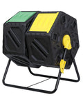 37 Gallon Dual Chamber Tumbling Composter With Two Sliding Doors For Easy Turn Outdoor Garden Bin BPA Free High Volume System Delivers Fast Aerobic Composting For Your Backyard on steel frame