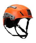 Orange helmet with Shroud Headlamp Adapter for Helmet Mounts lets you attach standard headlamps behind the shroud without tools.