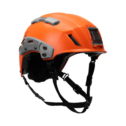 Orange helmet with Shroud Headlamp Adapter for Helmet Mounts lets you attach standard headlamps behind the shroud without tools.