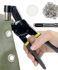 3/8 Inch Grommet Tool Kit Handheld Eyelet Press With Manual Grommet Press Machine in use on green fabric, includes 500 pcs 10 mm grommets