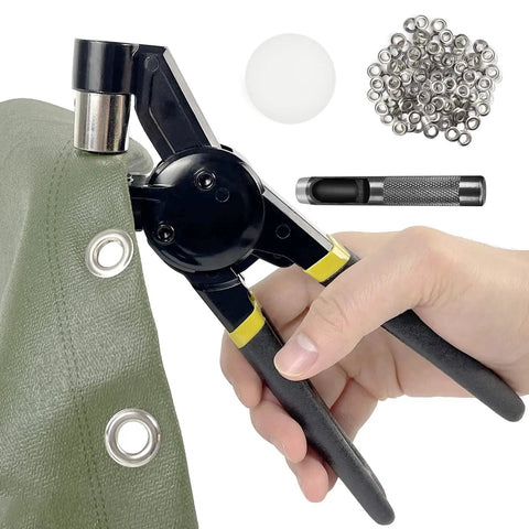 3/8 Inch Grommet Tool Kit Handheld Eyelet Press With Manual Grommet Press Machine in use on green fabric, includes 500 pcs 10 mm grommets