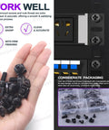 Top Shelf Badass Black Computer Mount Cage Nuts And Screws Assortment Kit with Metal and Plastic Washers for Square Hole Server Racks, showing a hand holding screws.
