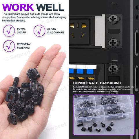 Top Shelf Badass Black Computer Mount Cage Nuts And Screws Assortment Kit with Metal and Plastic Washers for Square Hole Server Racks, showing a hand holding screws.