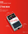 Image of Compact Chromatic Tuner Pedal for Guitar and Bass with 21-Segment LED Meter, showing dimensions and contents included.