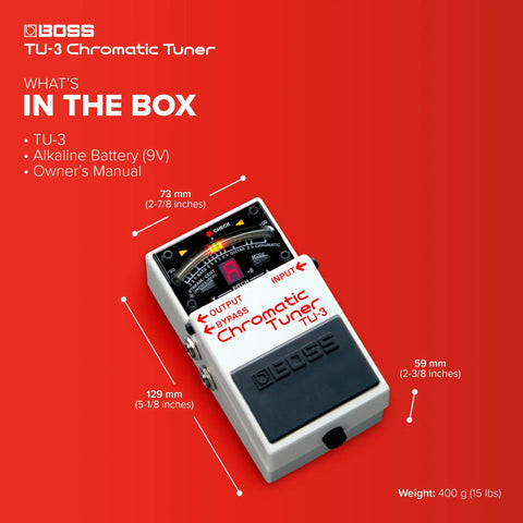 Image of Compact Chromatic Tuner Pedal for Guitar and Bass with 21-Segment LED Meter, showing dimensions and contents included.