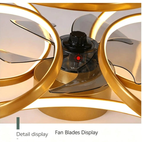 Slick Three Speed Ceiling Fan With Light Featuring Invisible Abs Blades Led Fandelier Semi Flush Mount Remote Control Flicker Free Lighting showing gold blades and housing.