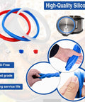 Three Pack 6 Qt Instant Pot Sealing Ring Replacement Kit With Three Float Valve Caps Food Grade Silicone Gasket For 5 And 6 Quart Instant Pot Fits Duo Plus 6 Quart No Steam Leaks No Fuss No Mess And Keeps Pressure Right displayed with rings and caps in blue, red, and clear.