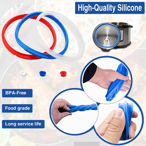 Three Pack 6 Qt Instant Pot Sealing Ring Replacement Kit With Three Float Valve Caps Food Grade Silicone Gasket For 5 And 6 Quart Instant Pot Fits Duo Plus 6 Quart No Steam Leaks No Fuss No Mess And Keeps Pressure Right displayed with rings and caps in blue, red, and clear.