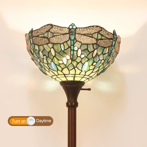 Dragonfly Tiffany Style Floor Lamp With Stained Glass Shade LED Uplight Torchiere Bronze Base 67 Inch Tall Sea Blue Finish