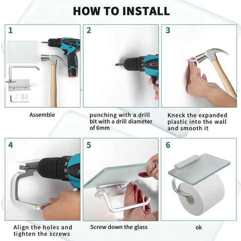 Step-by-step installation of Anti Rust Toilet Paper Holder With Shelf And Phone Storage Rack in Frosted Silvery Steel Finish