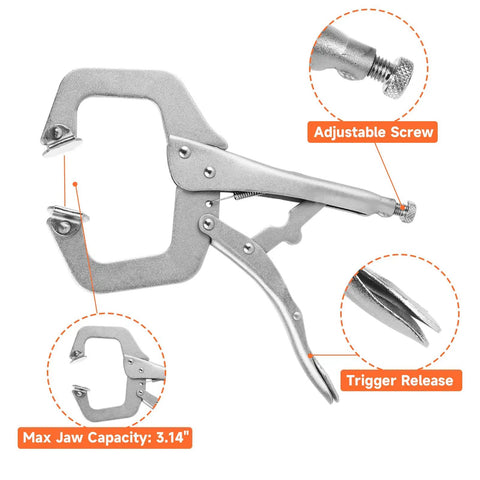 Two Pack 11 Inch Locking C Clamp Set, Heavy Duty Locking Pliers with Adjustable Jaws, close-up of trigger release and screw