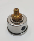 Top view: 60 psi oil pressure gauge with brass adapter fitting on silver housing; black side plug.
