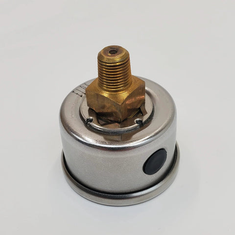 Top view: 60 psi oil pressure gauge with brass adapter fitting on silver housing; black side plug.