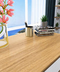 Natural Brown Wood Contact Paper Peel And Stick For Cabinets, Countertops, And Furniture, Waterproof Woodgrain Wallpaper Self Adhesive Removable 15.7x118 Inch Roll applied on a desk surface with decor