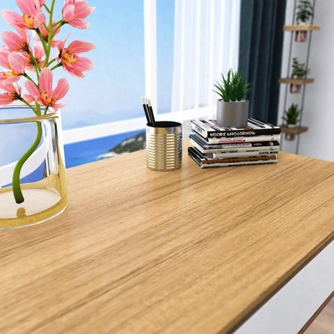 Natural Brown Wood Contact Paper Peel And Stick For Cabinets, Countertops, And Furniture, Waterproof Woodgrain Wallpaper Self Adhesive Removable 15.7x118 Inch Roll applied on a desk surface with decor