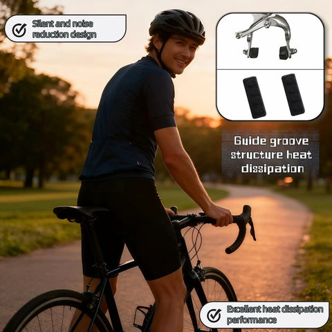 Cyclist on road bike with All Weather Road Bike Caliper Brake Pads 4 Piece Set and C-type caliper system close-up