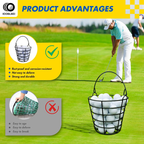 Stainless Steel Golf Ball Basket With Handle Pack Of 2 Holds 50 Balls Each on golf course, highlighting durable design.