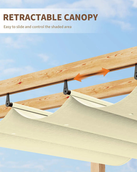 Retractable canopy of 10x10 Ft Outdoor Pergola, beige fabric on imitation wood grain metal frame, showcasing sliding mechanism.