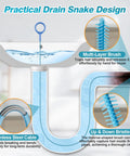 Image of Four Pack Fifty Inch Reusable Drain Snake Tool for Bathroom, featuring a flexible stainless steel cable and multi-layer brush.