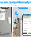 WiFi Power Failure And Water Leak Alarm with App Alerts next to smartphone showing water level, temperature, and humidity data