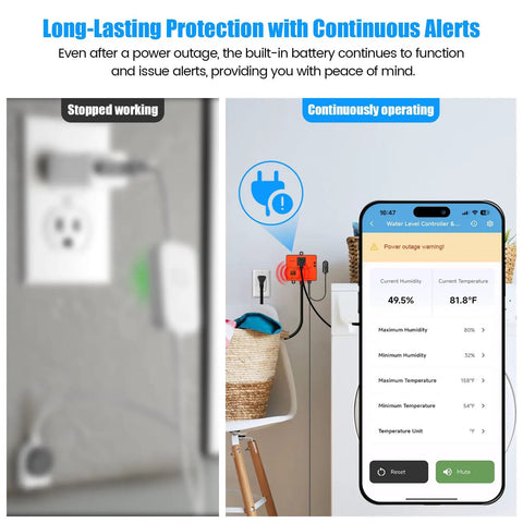 WiFi Power Failure And Water Leak Alarm with App Alerts next to smartphone showing water level, temperature, and humidity data