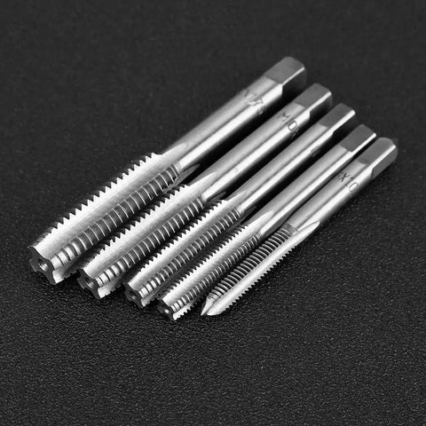 Heavy Duty M6 To M12 Metric Hand Tap And Die Set With Adjustable Wrench Handle For Auto Repair And Machinist Jobs, Premium 45 Steel Tool Kit To Fix Stripped Threads Fast. Metric steel hand taps for thread cutting on black background
