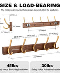 17.3 Inch Walnut Wood Coat Rack Wall Mount With Five Hooks Dope Heavy Duty Wooden Jacket Hanger For Entryway Or Bathroom Door Mount Gold Finish Great For Towels Bags Hats Keys with size and load-bearing details.