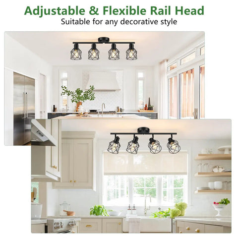 Four Light Semi Flush Mount Ceiling Light With Dope Rotatable Track Heads And Metal Cage Adjustable Arm Design in kitchen